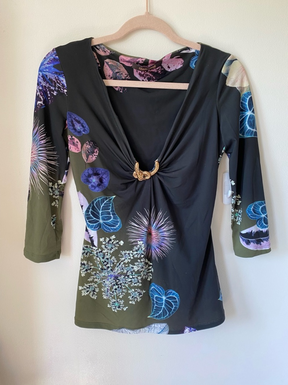 Roberto Cavalli Three quarter-Sleeve Floral Jungle Print Top